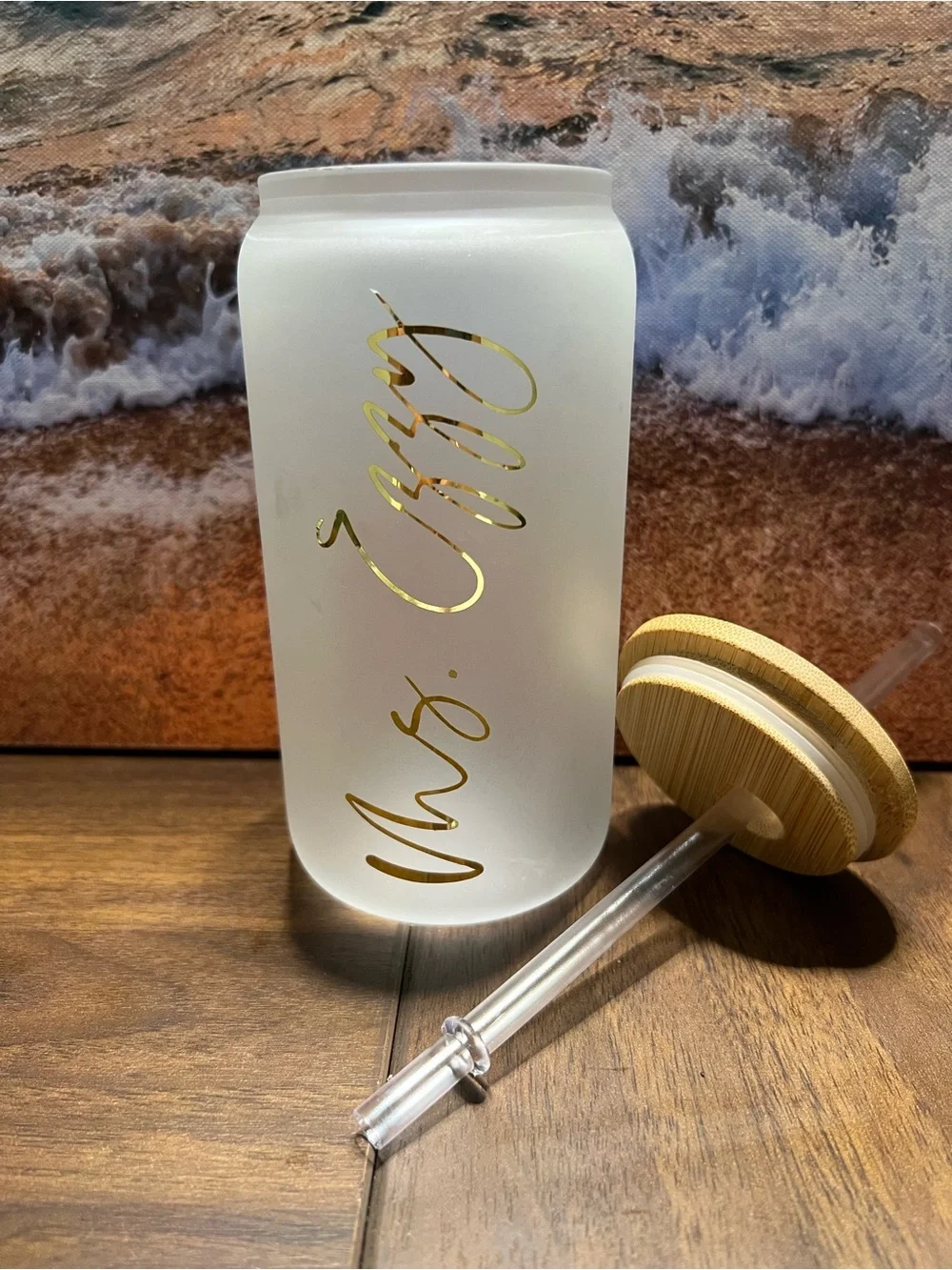 Personalized Frosted Glass Tumbler with Gold Script and Bamboo Lid